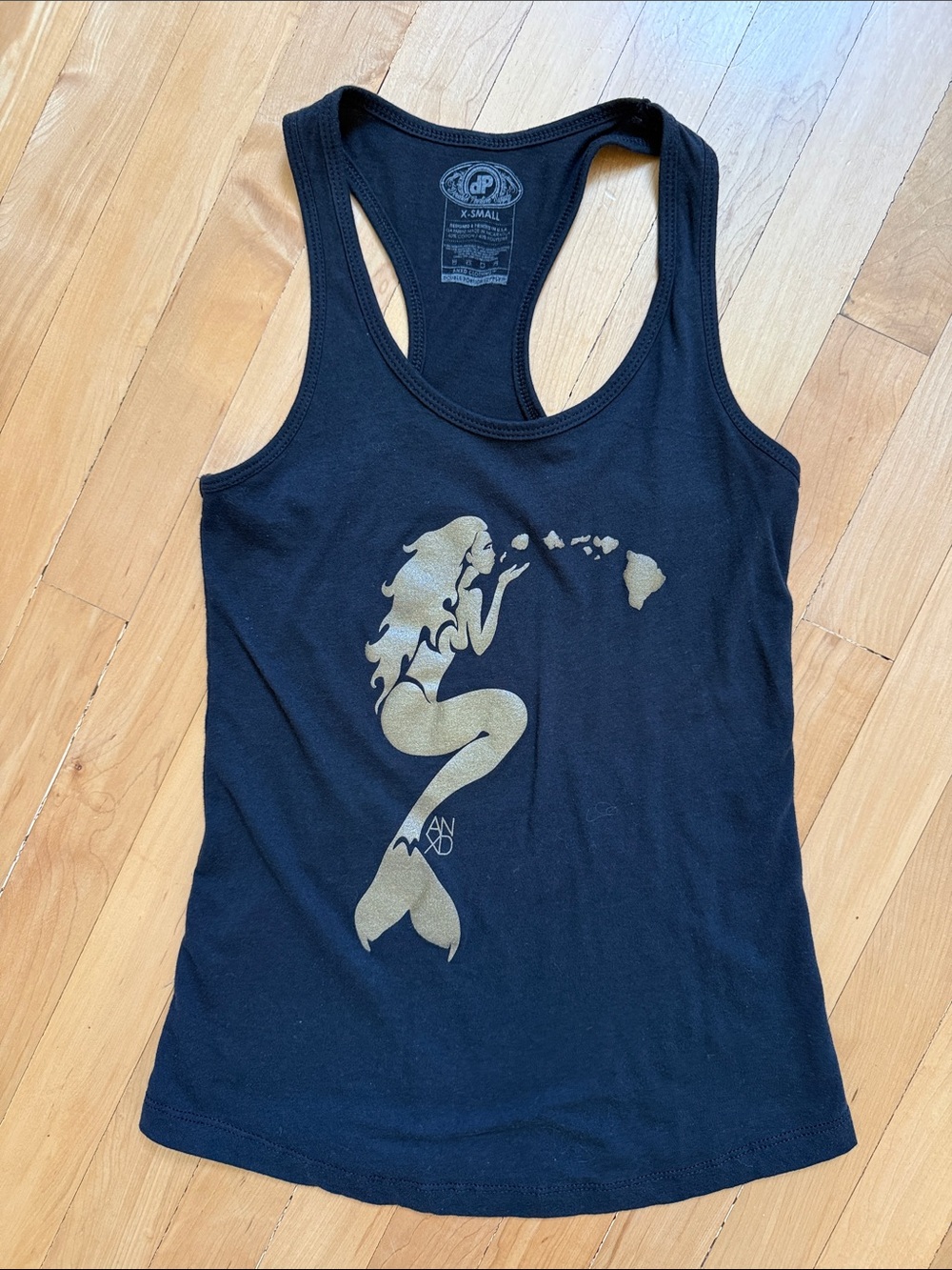 X-Small Black Racerback Tank with Gold Mermaid Hawaii Graphic
